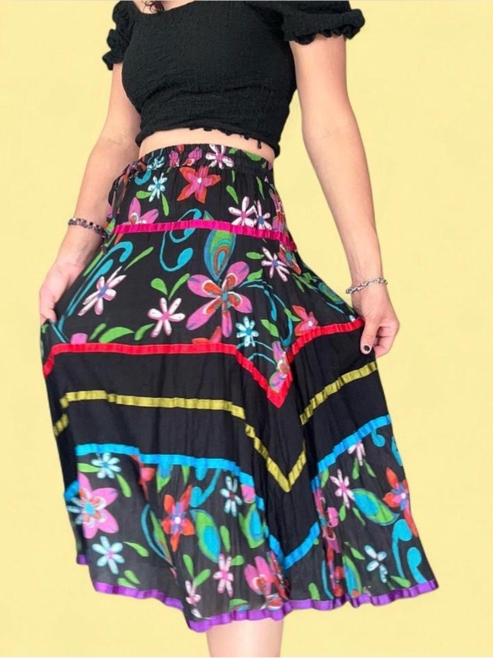 Boho Floral Tiered Midi Skirt in Black with Multicolor Accents - Picture 3 of 8